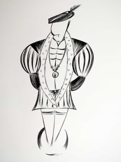 1500s Fashion Art Deco Minimalism Black & White Male Figure Latin Artist Signed