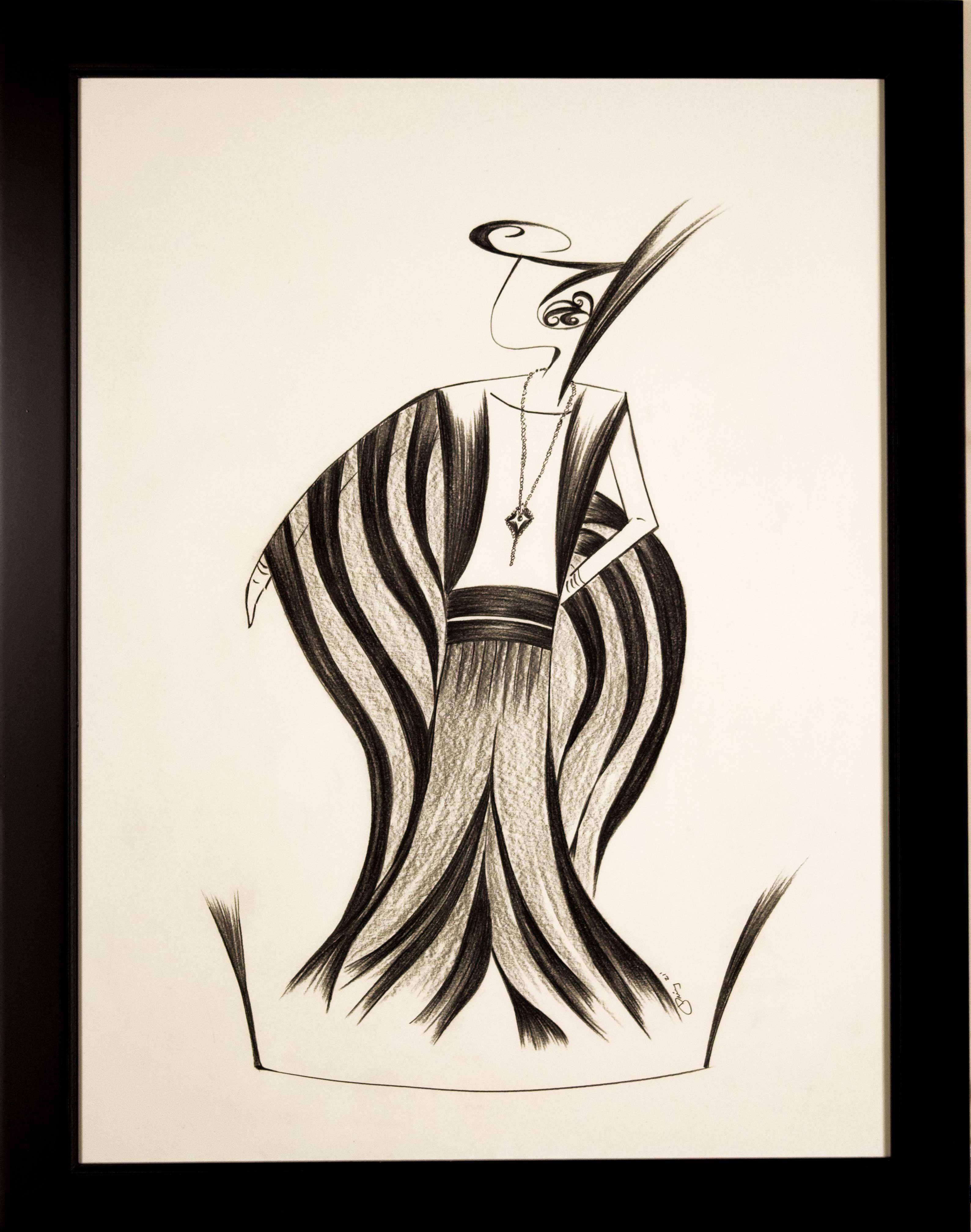 Ava (1940s Art Deco Fashion Rendition)" ist eine Originalzeichnung des amerikanischen Künstlers Jorge Ruiz-Martinez. Die Künstlerin arbeitet im Stil des Art déco und stellt sich anmutige Figuren in historischen Kostümen durch diese stilisierte Linse