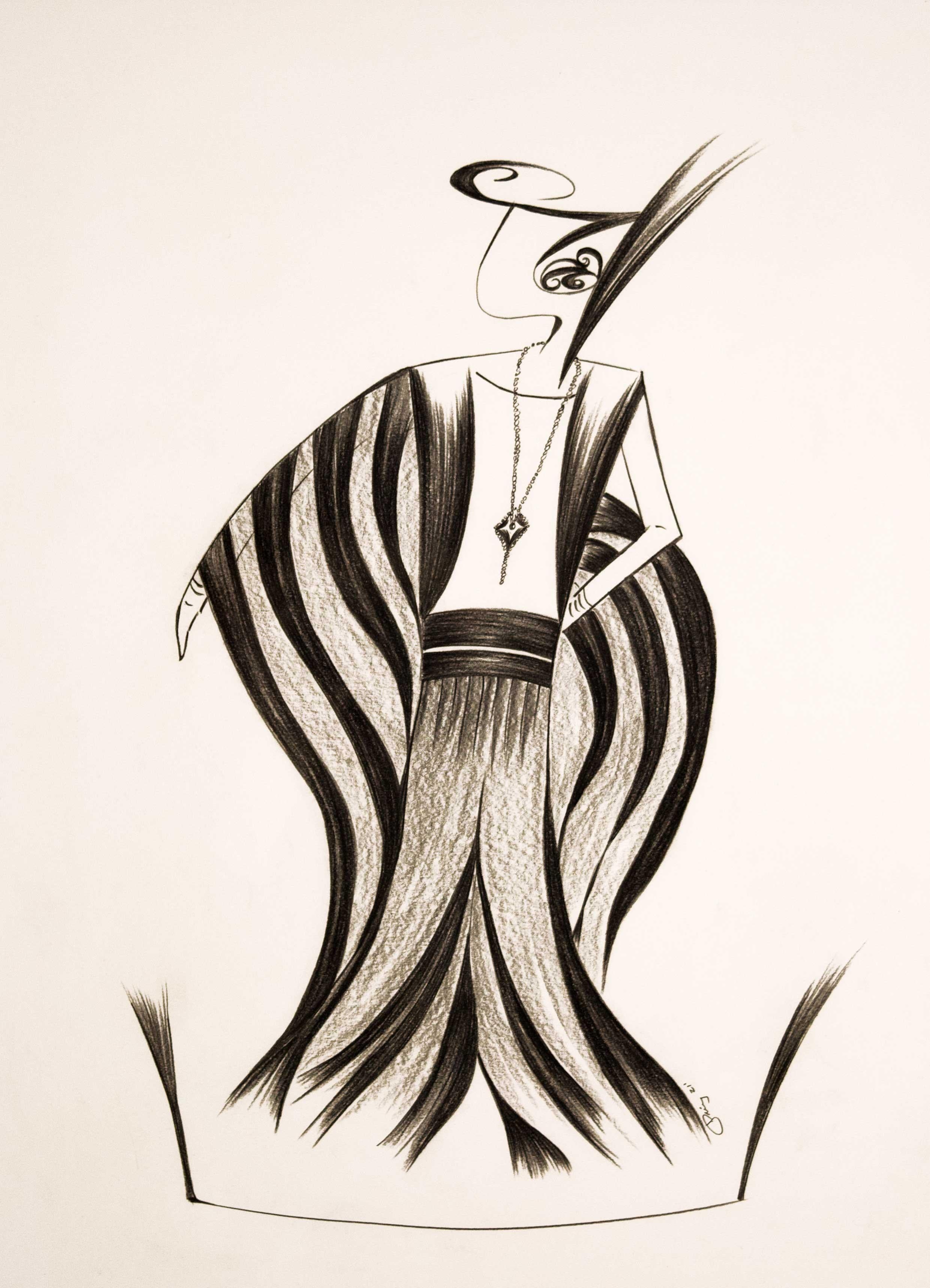 'Ava (1940s Art Deco Fashion Rendition)' is an original drawing by the American artist Jorge Ruiz-Martinez. The artist works in an art deco style, imagining graceful figures in historic costume through that stylized lens. Art Deco architecture and