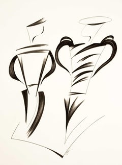 Contemporary Minimalist Art Deco Black White Male Figure Latin Artist Signed