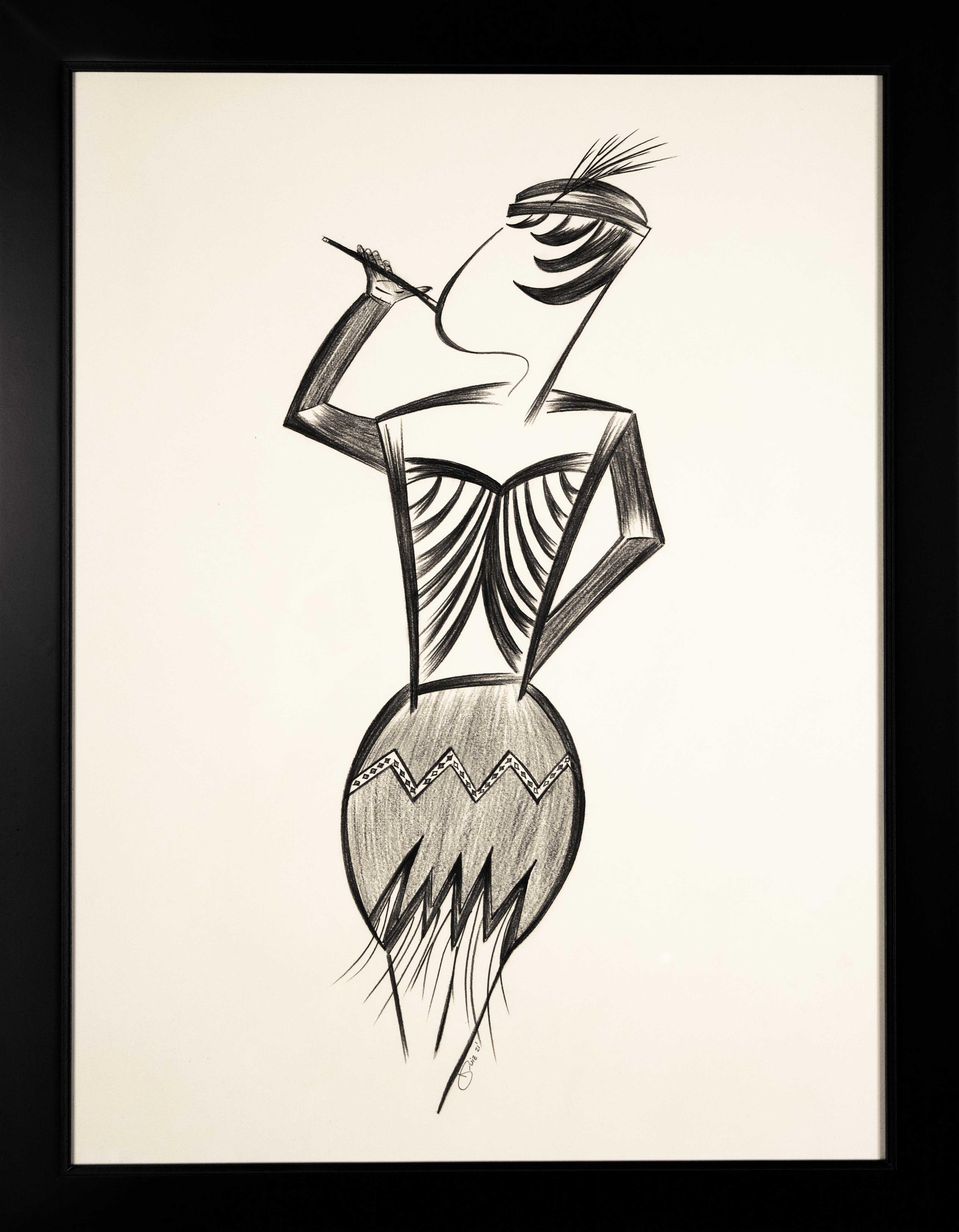 Figure féminine noire et blanche Art déco du milieu du siècle dernier signée par une artiste latine