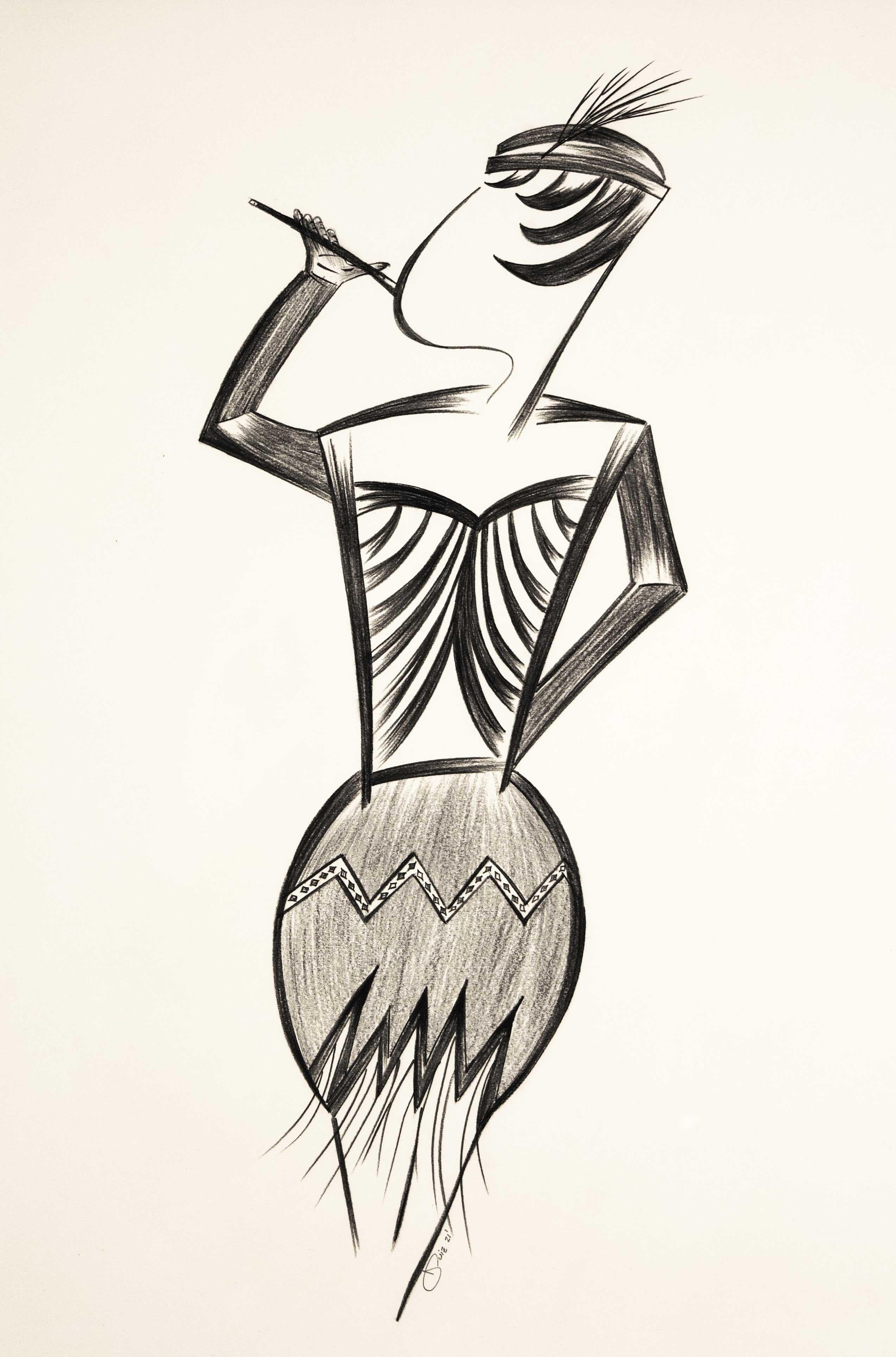 '1920s Flapper Fashion Rendition' is an original drawing by the American artist Jorge Ruiz-Martinez. The artist works in an art deco style, imagining graceful figures in historic costume through that stylized lens. Art Deco architecture and graphic
