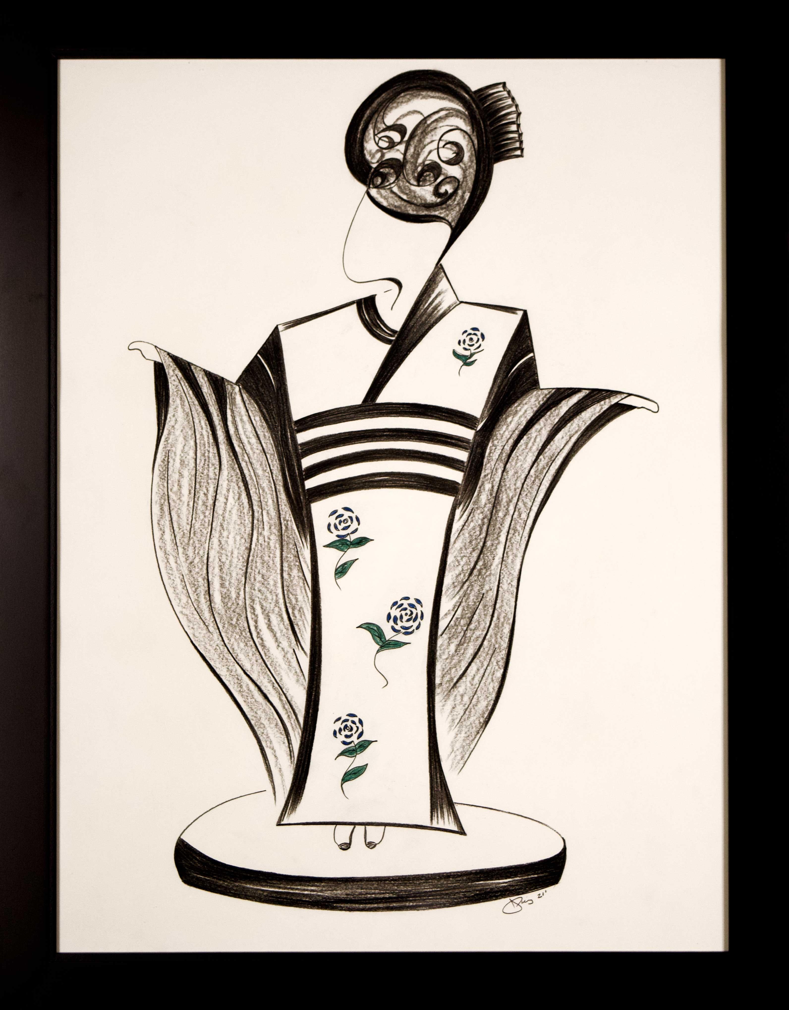 Jorge Ruiz-Martinez Figurative Art - Mid-Century Art Deco Minimalism Black & White Japan Geisha Latin Artist Signed