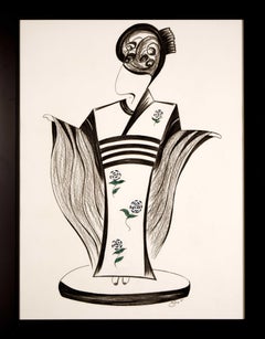 Mid-Century Art Deco Minimalismus Schwarz-Weiß Japan Geisha Latein Künstler signiert, Mid-Century