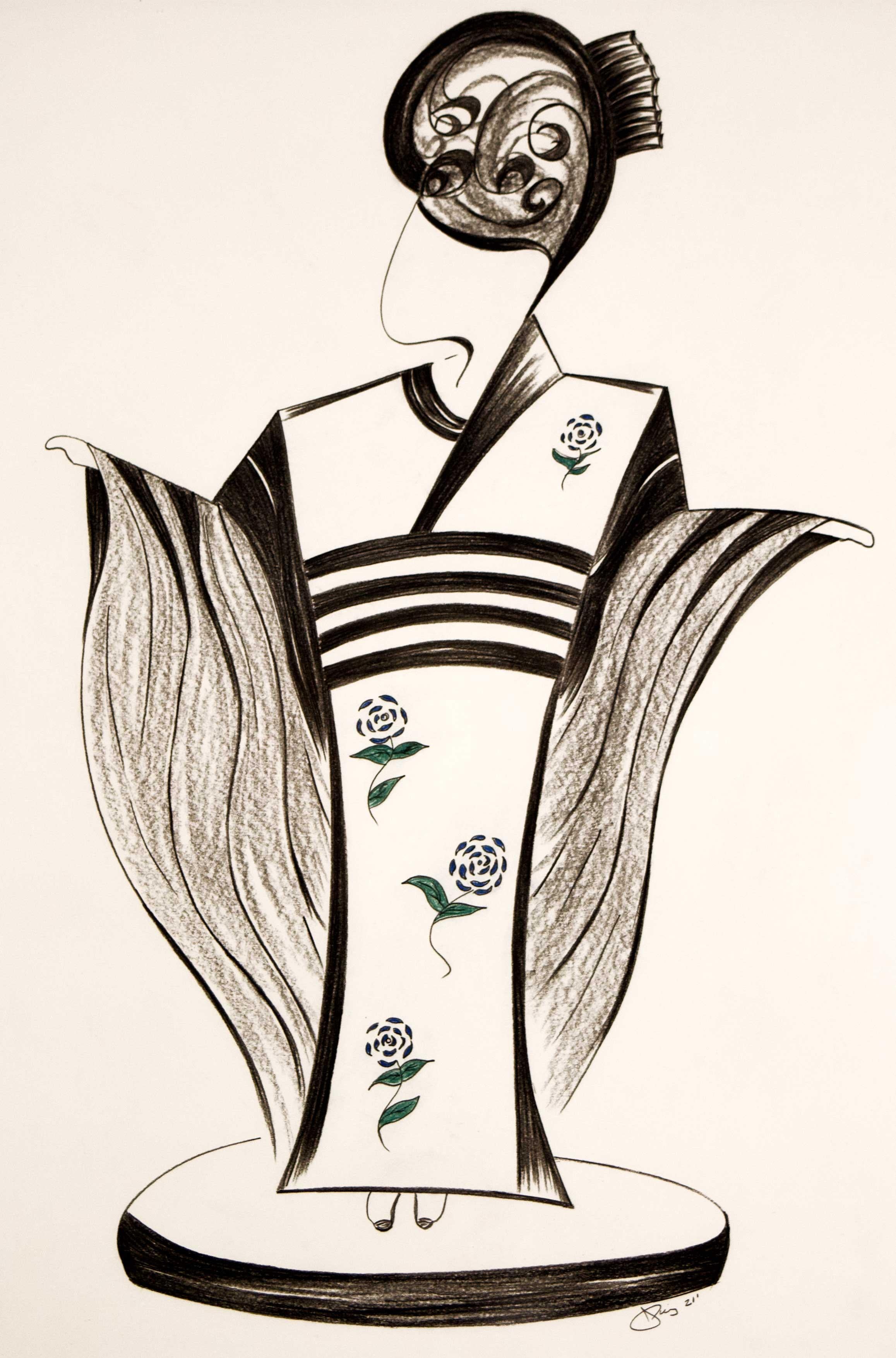 'Ode to Mineko Iwasaki (1970s Japanese Geisha)' is an original charcoal drawing by the American artist Jorge Ruiz-Martinez. The artist works in an art deco style, imagining graceful figures in historic costume through that stylized lens. Art Deco