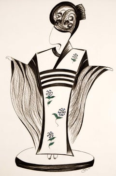 Mid-Century Art Deco Minimalism Black & White Japan Geisha Latin Artist Signed