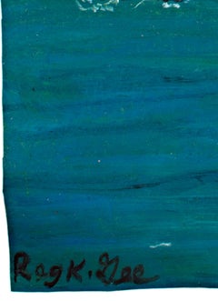 "Whew!" oil pastel signed landscape motorcycle fun adventure lake mountains bold