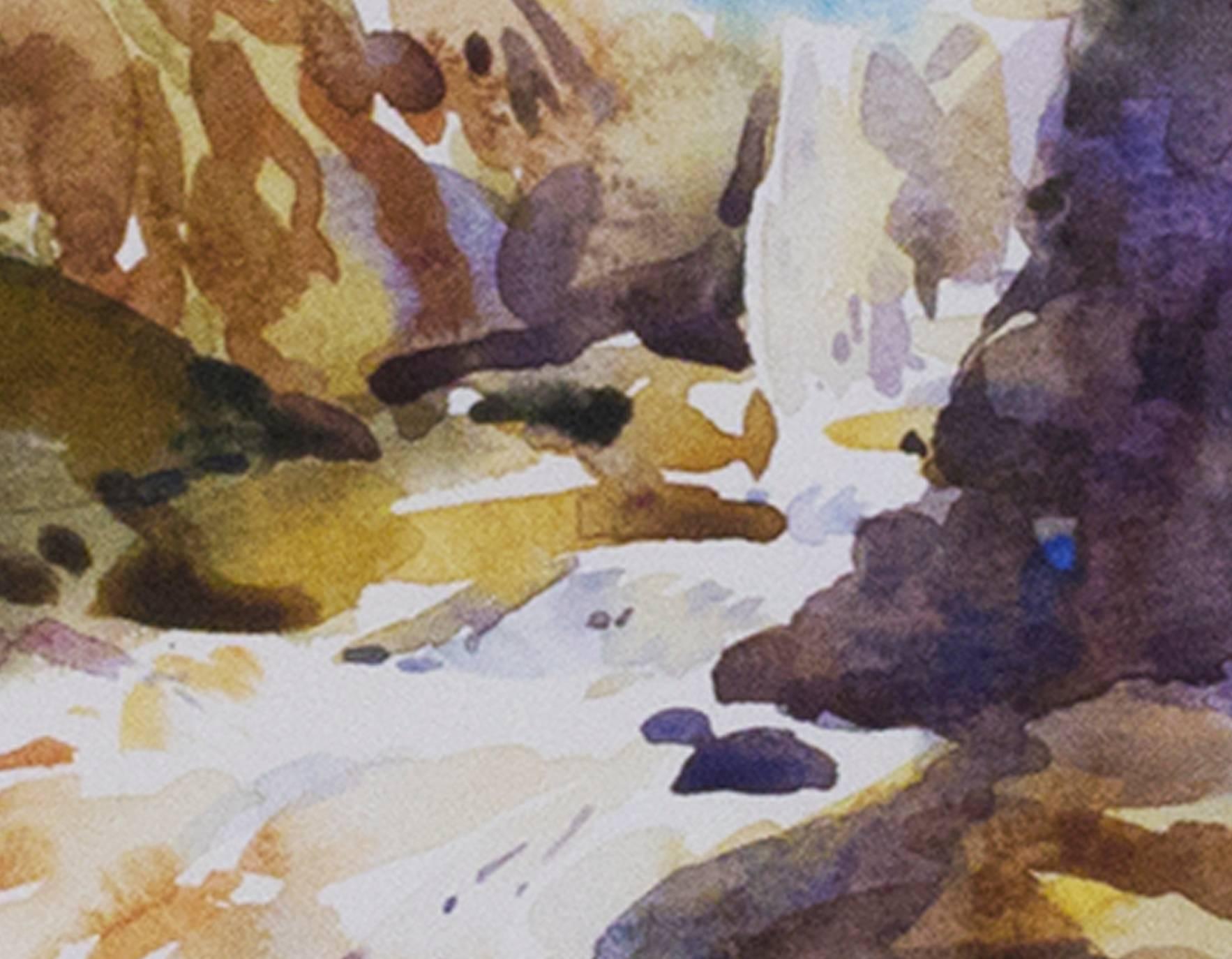 Herbst Wasserfall Landschaft Natur Abenteuer Aquarell Lebendiger Expressionist Himmel (Grau), Landscape Art, von Craig Lueck