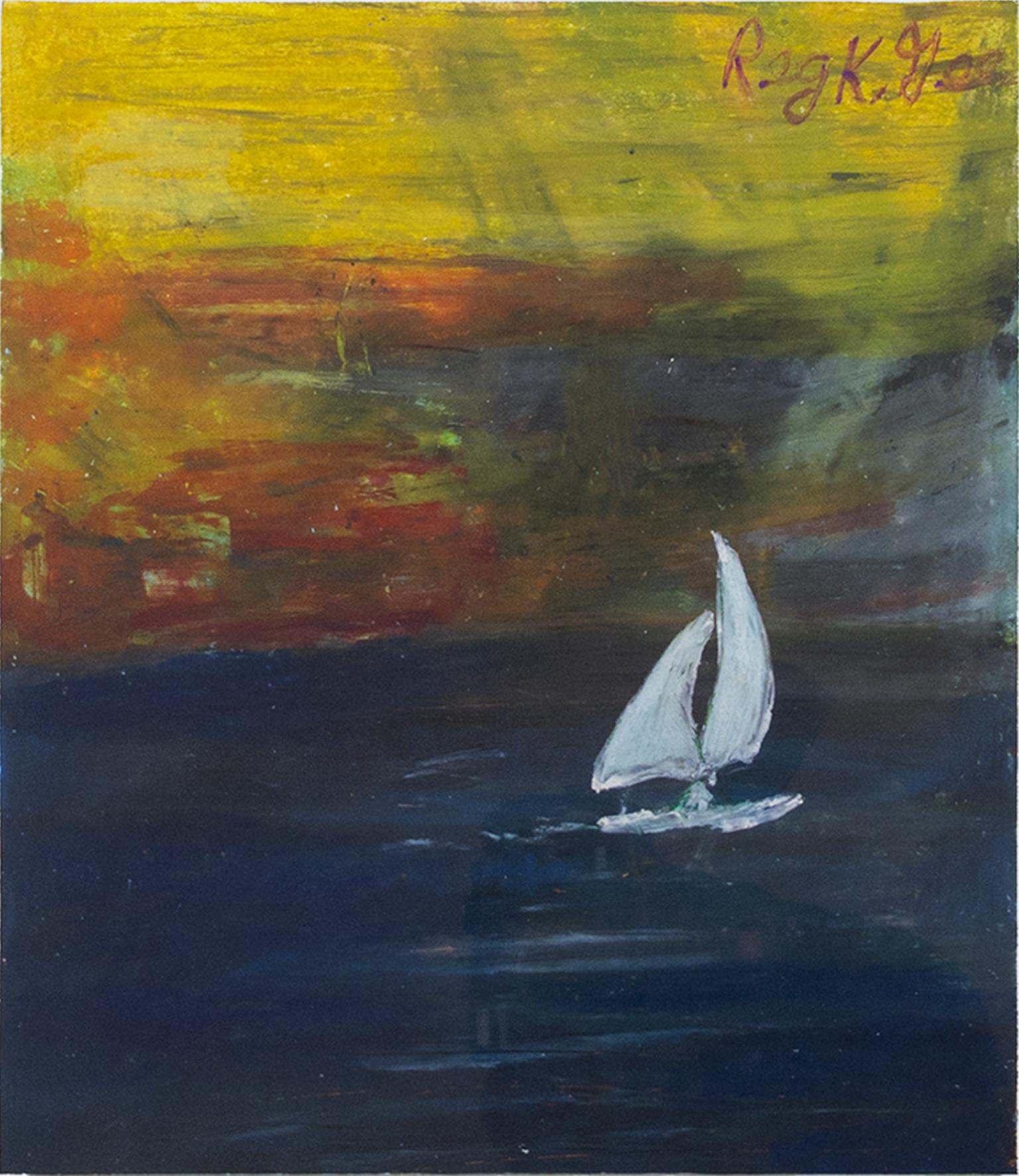 "Coasting Sailboat" ist eine Original-Pastellzeichnung von Reginald K. Gee. Der Künstler hat das Werk unten rechts signiert. Es zeigt ein weißes Segelboot auf einem dunklen Meer mit einem bunten Hintergrund. 

Kunstwerk Größe: 12" x 9"
Rahmengröße: