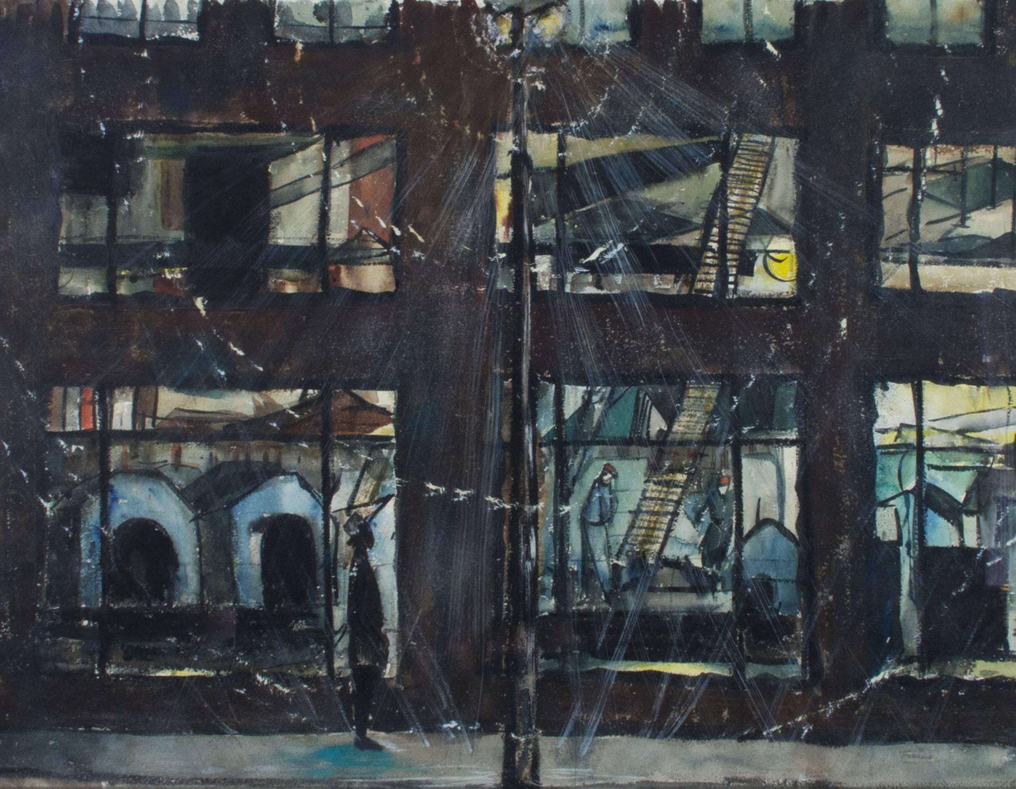 Cityscape Modern Dark Cold Tones Winter Urban Everyday Life Watercolor Signed - Art by Joseph Ferrara