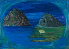 "Looks Like a Nice Getaway Spot, " Blue Landscape Oil Pastel scene signed