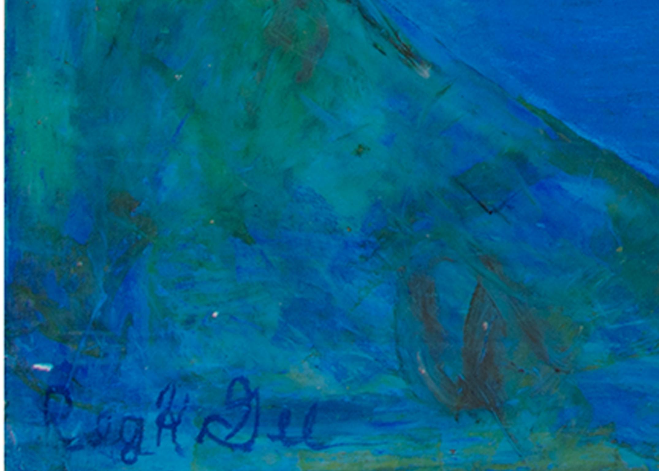 „Looks Like a Nice Getaway Spot“, „Blaue Landschaft, Ölpastell-Szene, signiert – Art von Reginald K. Gee