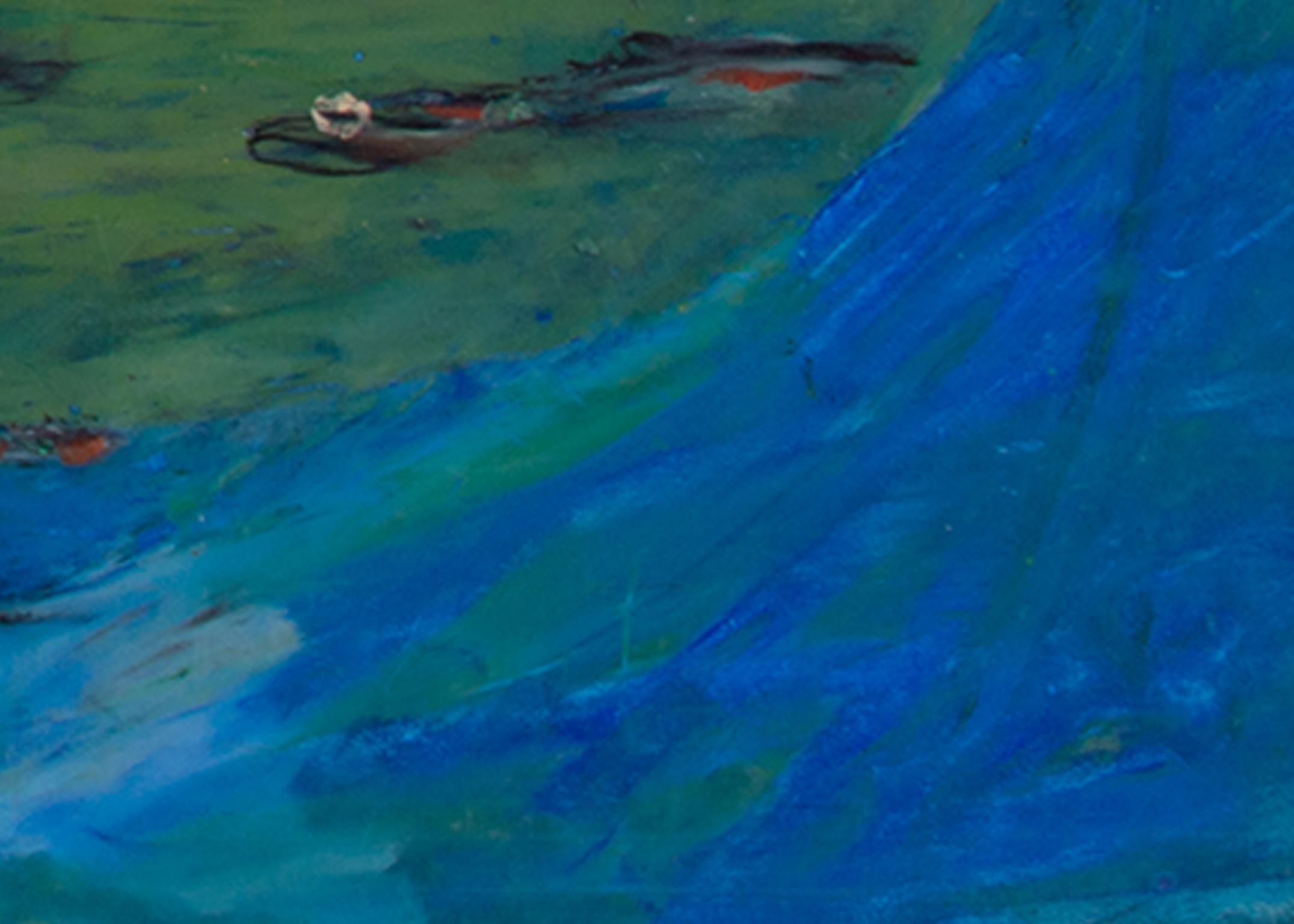 „Looks Like a Nice Getaway Spot“, „Blaue Landschaft, Ölpastell-Szene, signiert im Angebot 1