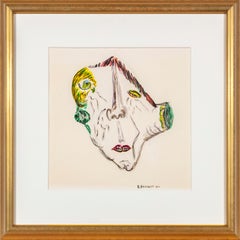 Surrealist Portrait Watercolor, Signed 1961, 20th Century, Framed