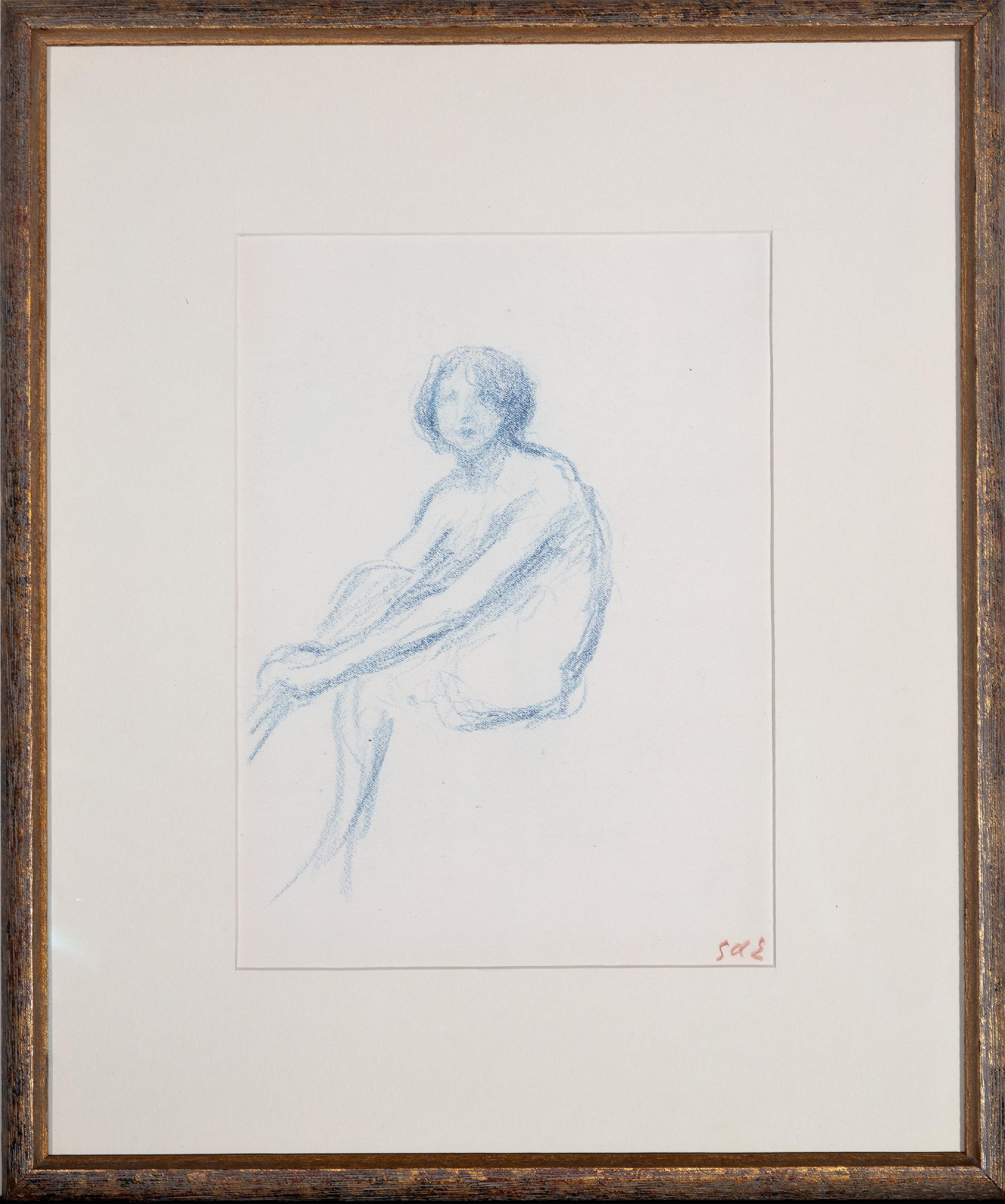 Georges D'Espagnat Figurative Art - "Jeune Femme Assise, " Original Blue Pencil Drawing by Georges d'Espagnat
