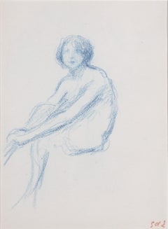 "Jeune Femme Assise, " Original Blue Pencil Drawing by Georges d'Espagnat