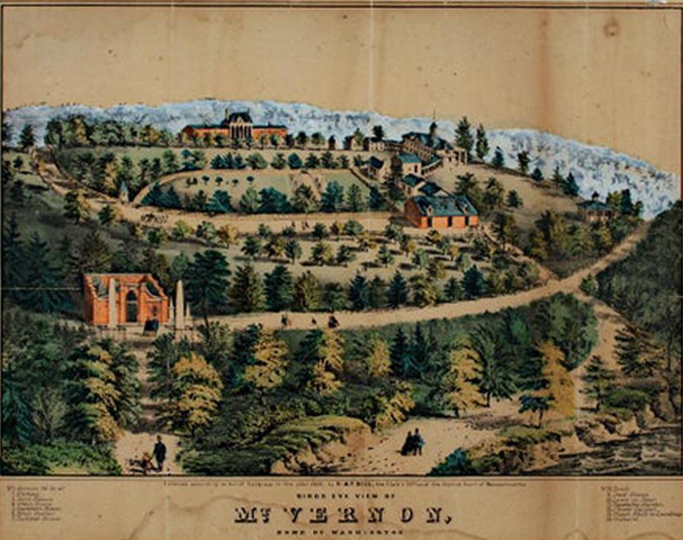 G. & F. Bill Landscape Print - "Bird's Eye View of Mt. Vernon, " Original Hand-colored Lithograph by G & F Bill