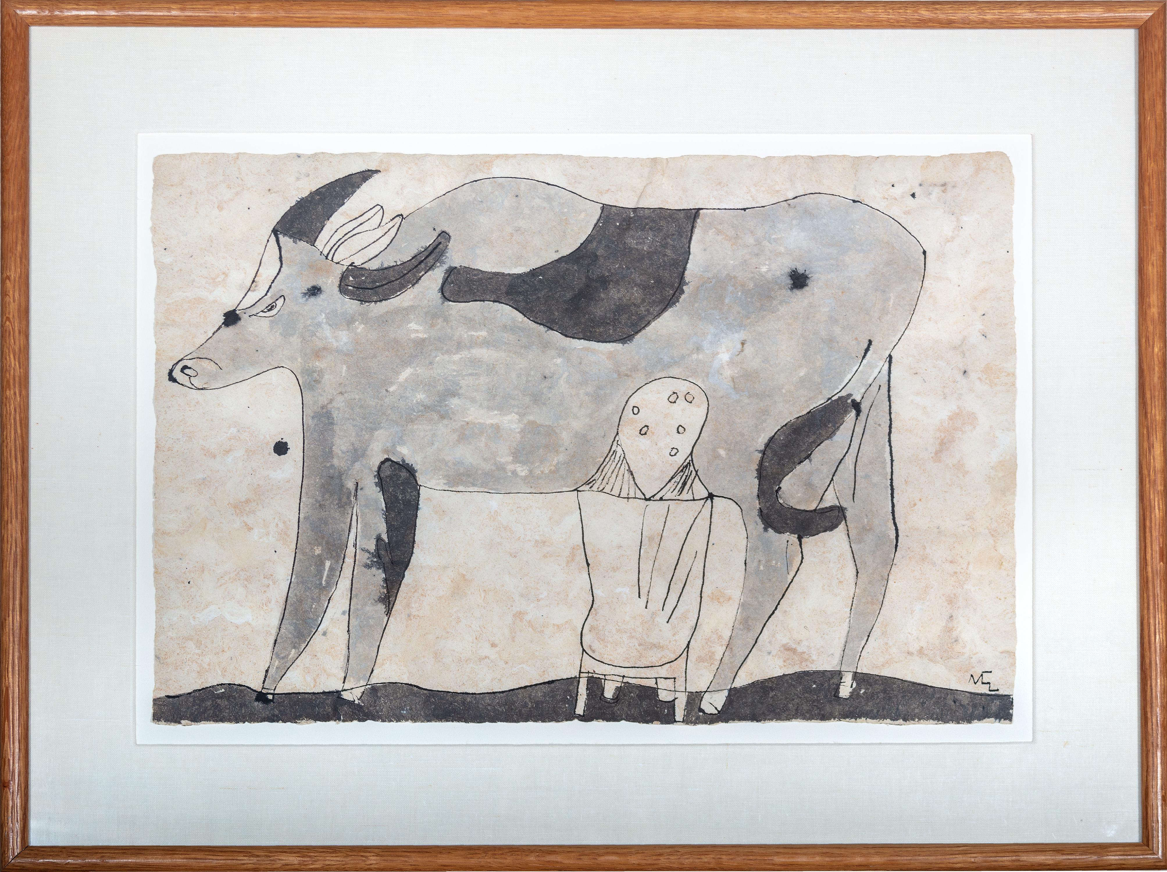 "Woman Milking a Cow" Ink on Handmade Amate Paper signed by Miguel Castro Leñero
