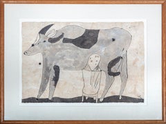 Vintage "Woman Milking a Cow" Ink on Handmade Amate Paper signed by Miguel Castro Leñero