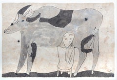 "Woman Milking a Cow" Ink on Handmade Amate Paper signed by Miguel Castro Leñero