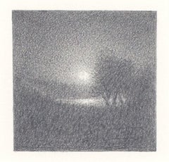 Miniatura contemporánea de dibujo de paisaje a lápiz de grafito en blanco y negro firmada