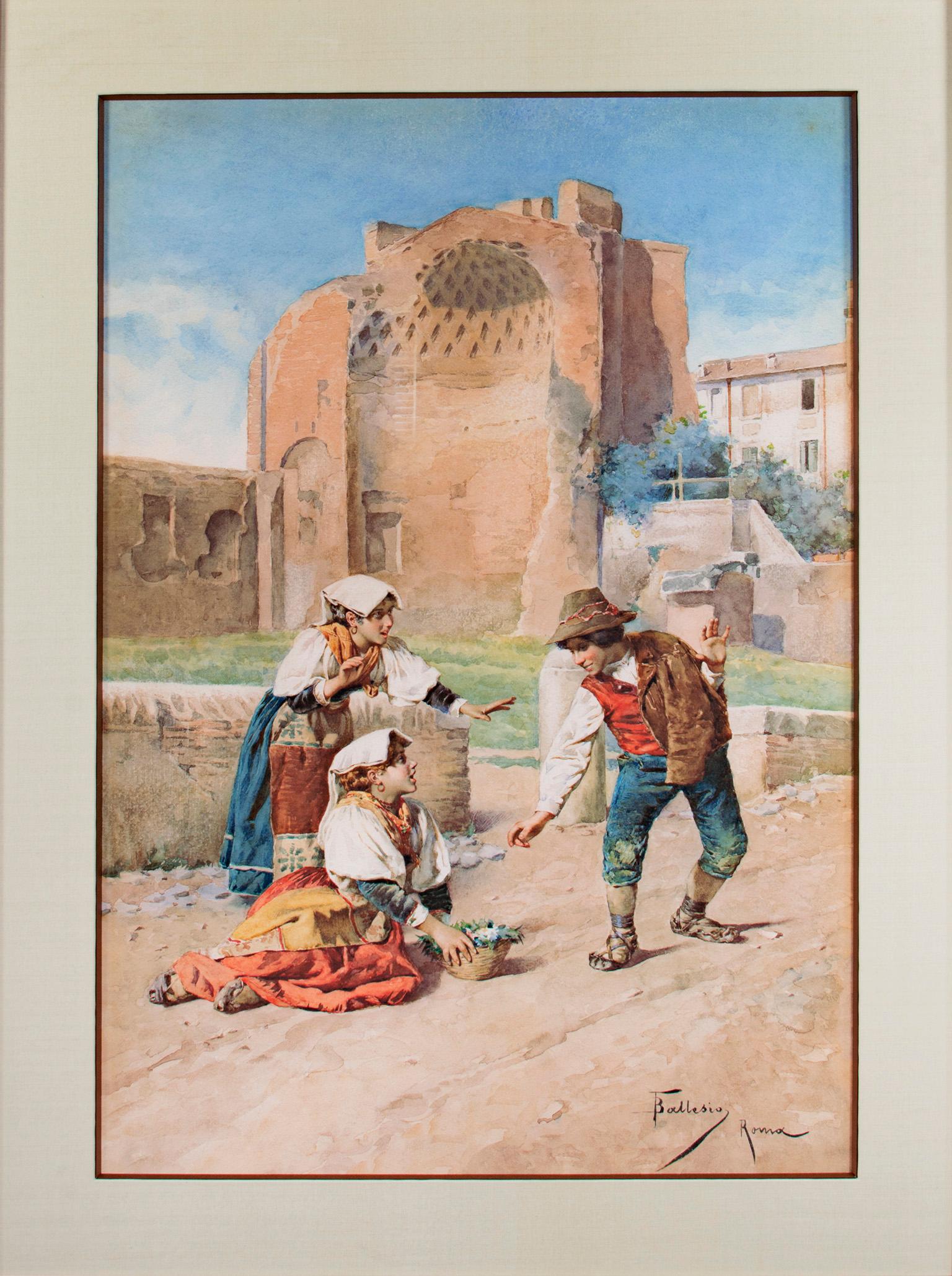 "Three Children Playing In a Courtyard" is a Giclee print on watercolor paper after the original c.1900 watercolor. It features three children caught at the very height of playing together. Their clothes are rich and bold, accenting the dynamic