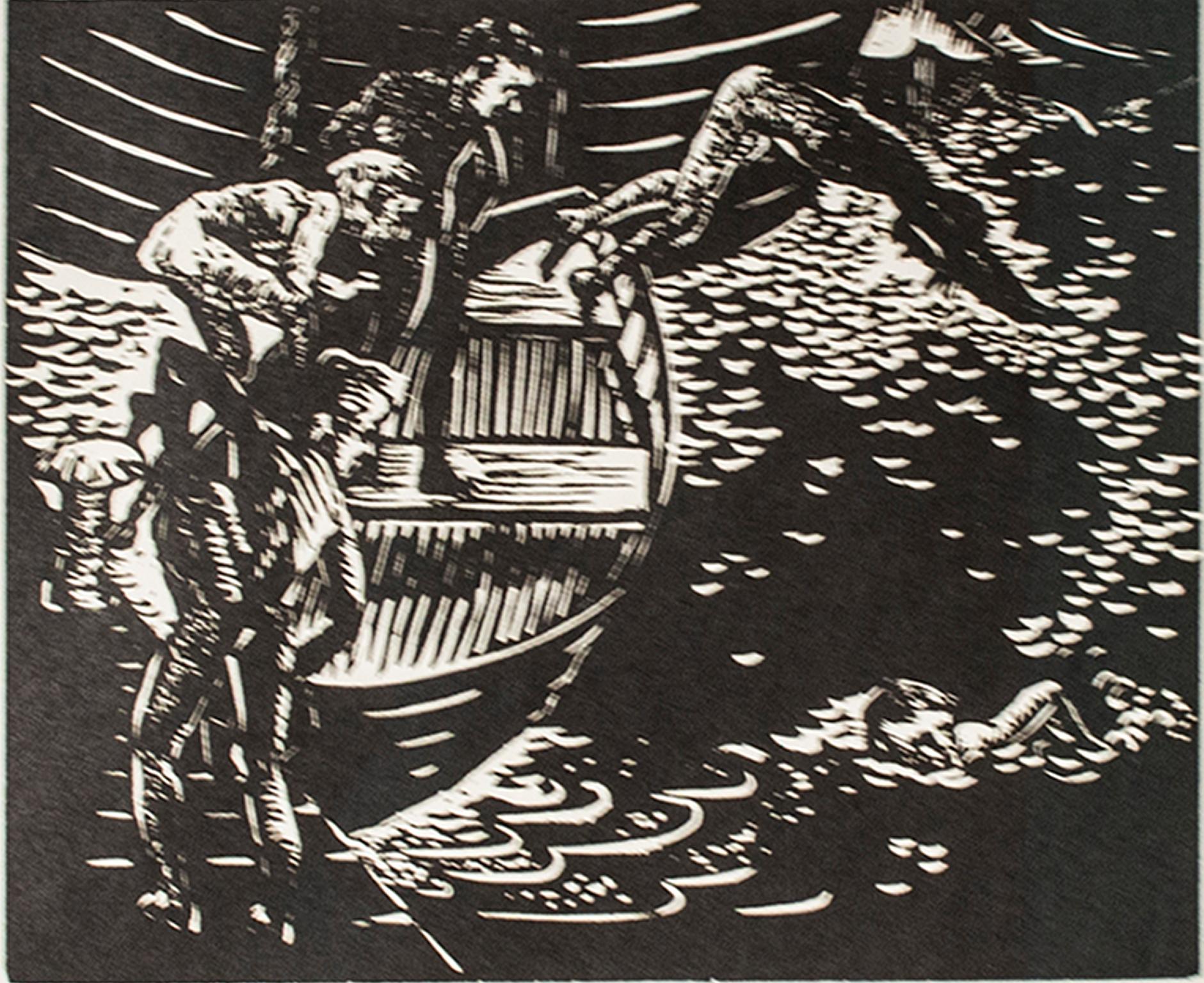 "Swimmers, " Seascape Linoleum Cut by Clarice George Logan