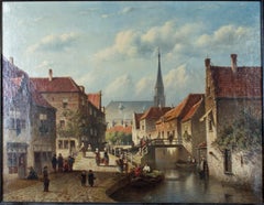 "Town Scene, " Oil on Canvas European Cityscape by Petrus Gerardus Vertin