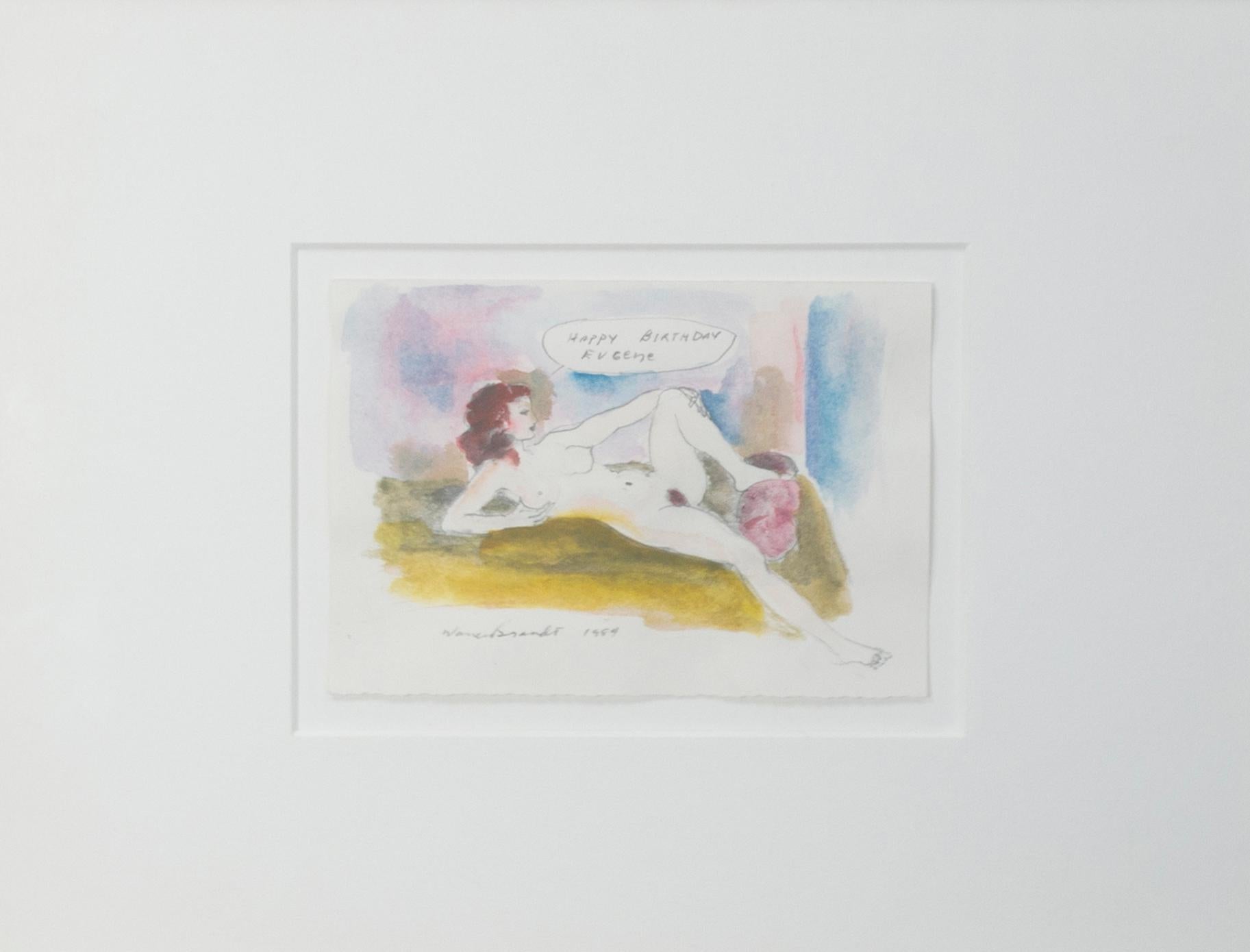 „“ Happy Birthday“, nudefarbenes Aquarell und Bleistift auf Papier, signiert von Warren Brandt im Angebot 2