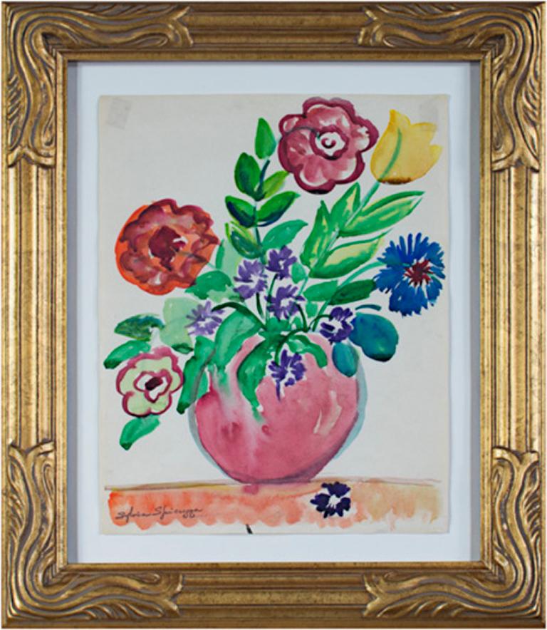 „Rote Vase mit Blumen auf orangefarbenem Tischtuch“, Aquarell signiert von Sylvia Spicuzza im Angebot 1