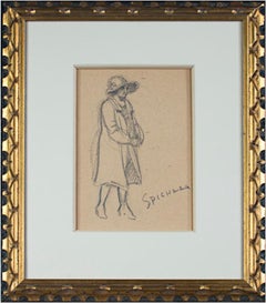 Graphitzeichnung ""Woman in Coat & Fancy Hat", signiert von Sylvia Spicuzza