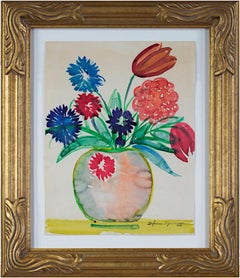 "Blumenvase auf Chartreuse-Tischtuch", Aquarell signiert von Sylvia Spicuzza