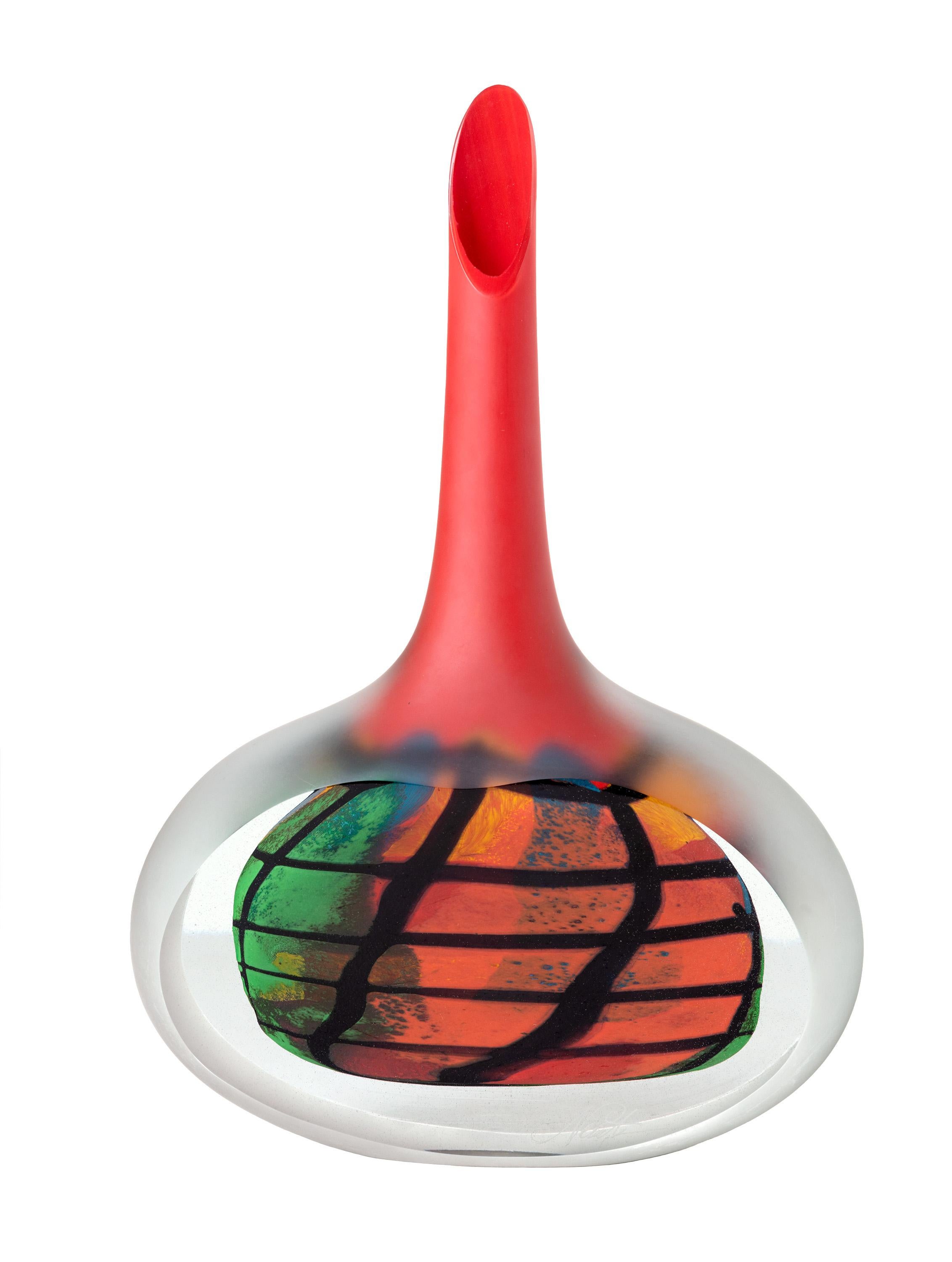 "Solid Red Bottle, " Hand Blown Glass signed by Ioan Nemtoi