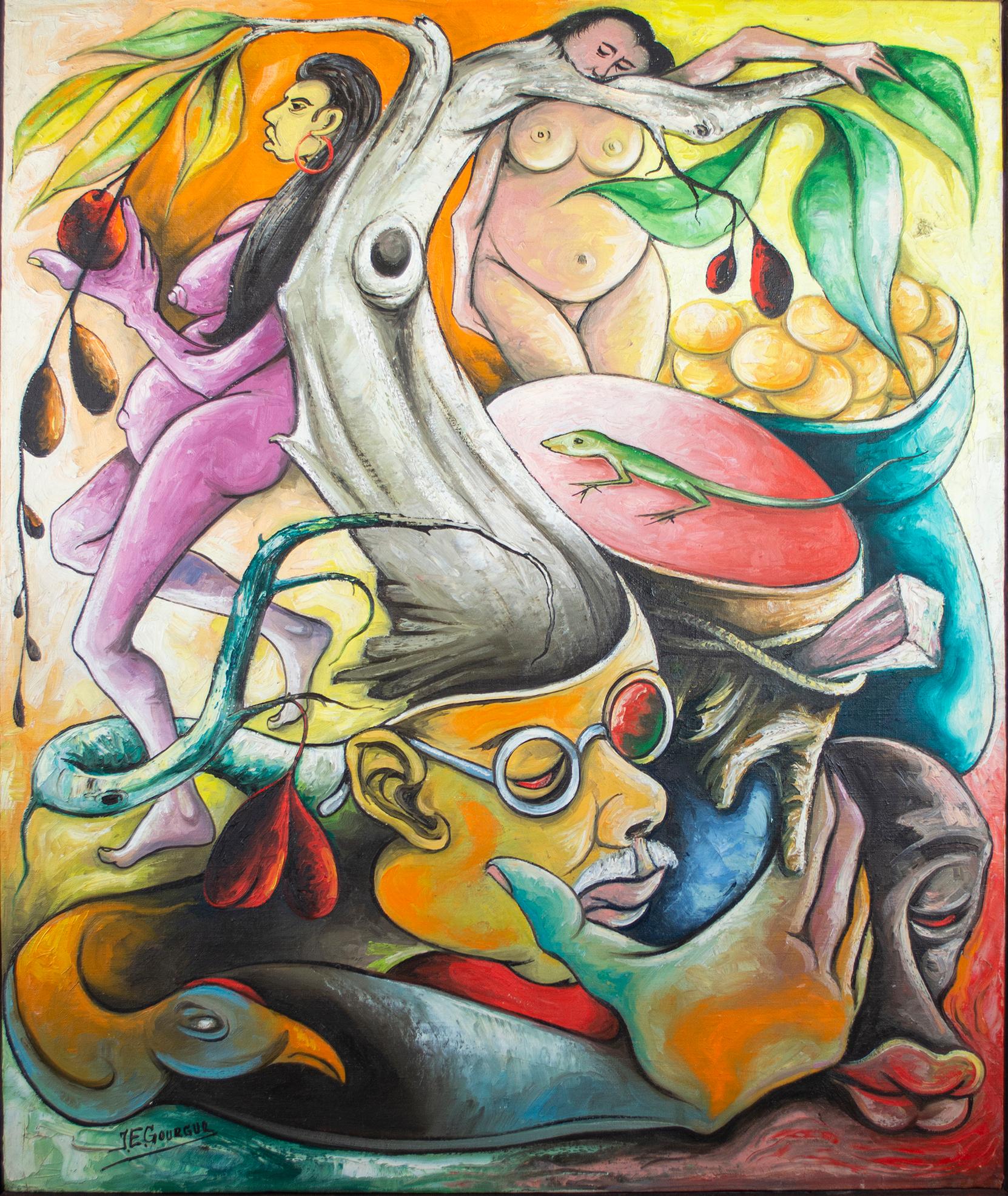 "Clanman" is an oil on canvas signed by Jacques-Enguerrand Gourgue. This Haitian piece is surreal and complex. A man with glasses has a tree growing out of his brain. Two nude woman rest against this tree, the purple woman eats the fruit. Many