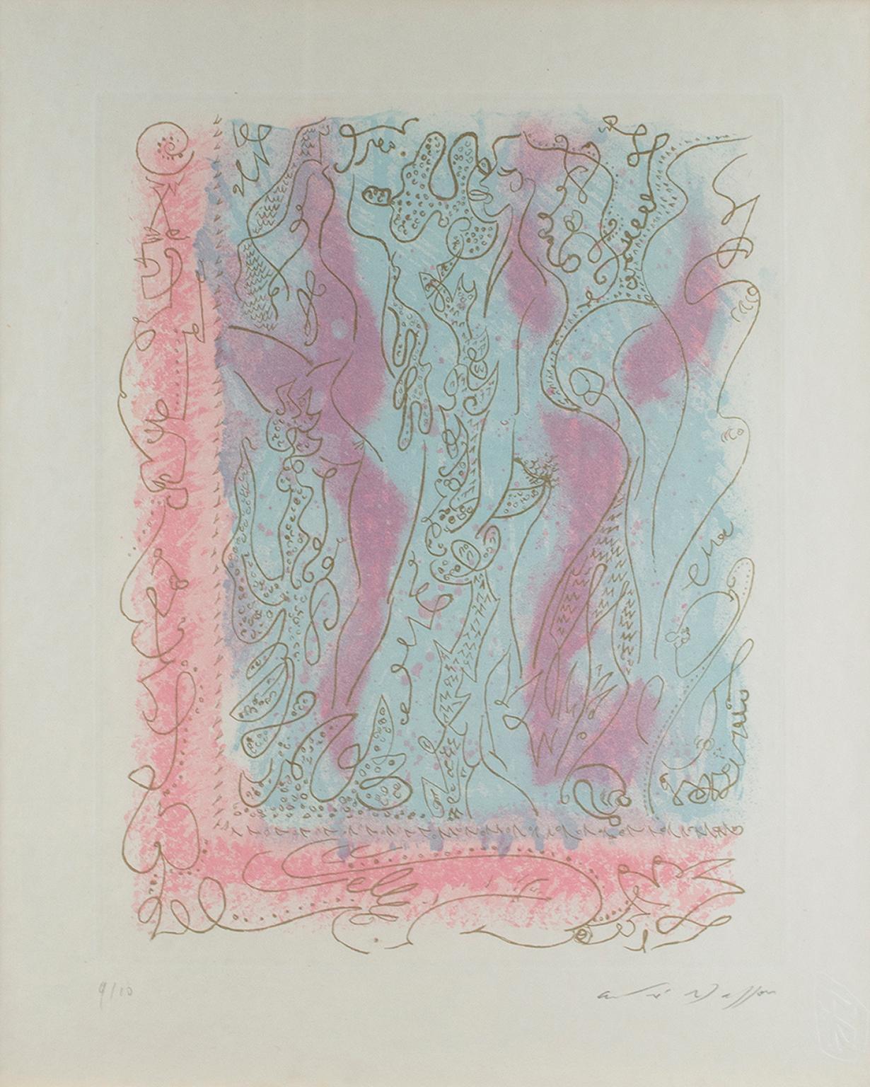 "Les Erophages" est une gravure et aquatinte à l'encre d'or sur papier japonais signée par André Masson. Venant du coin en bas à gauche, il y avait une bordure de rose avec des lignes et des cercles. Deux personnages se tiennent au milieu de la