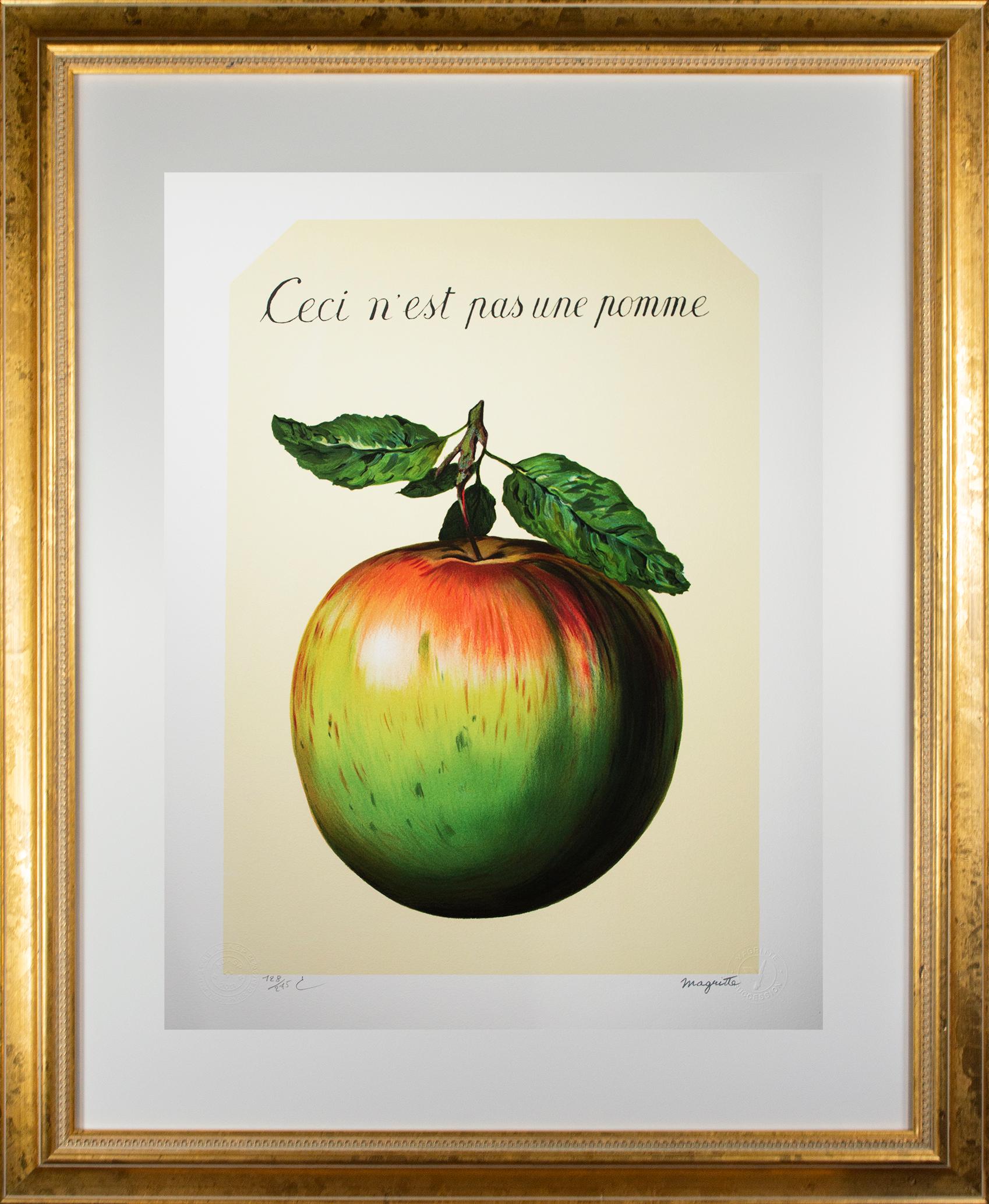 « Ceci n'est pas une pomme » (Ce n'est pas une pomme) est une lithographie colorée d'après la peinture originale de 1964 de René Magritte. Cette vignette d'une pomme joue sur les pensées de Magritte sur la représentation. Pour bien sûr:: on ne