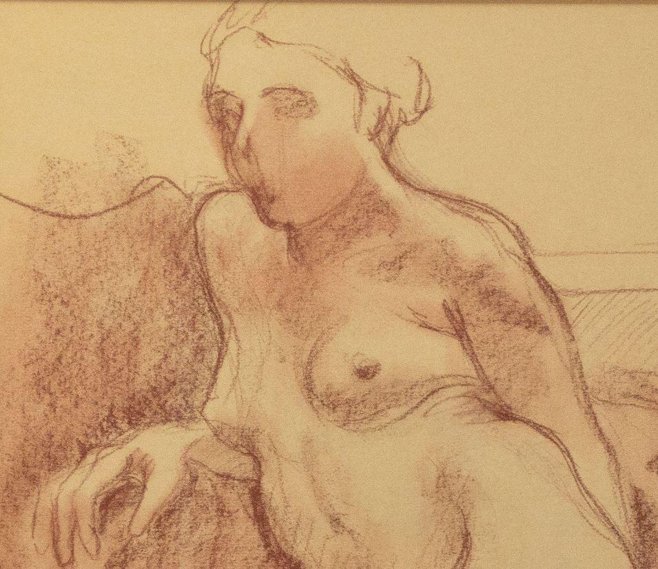 Aktzeichnung einer weiblichen Künstlerin des 20. Jahrhunderts, conte, kleine Skizze (Braun), Nude, von Sandra Sweeney