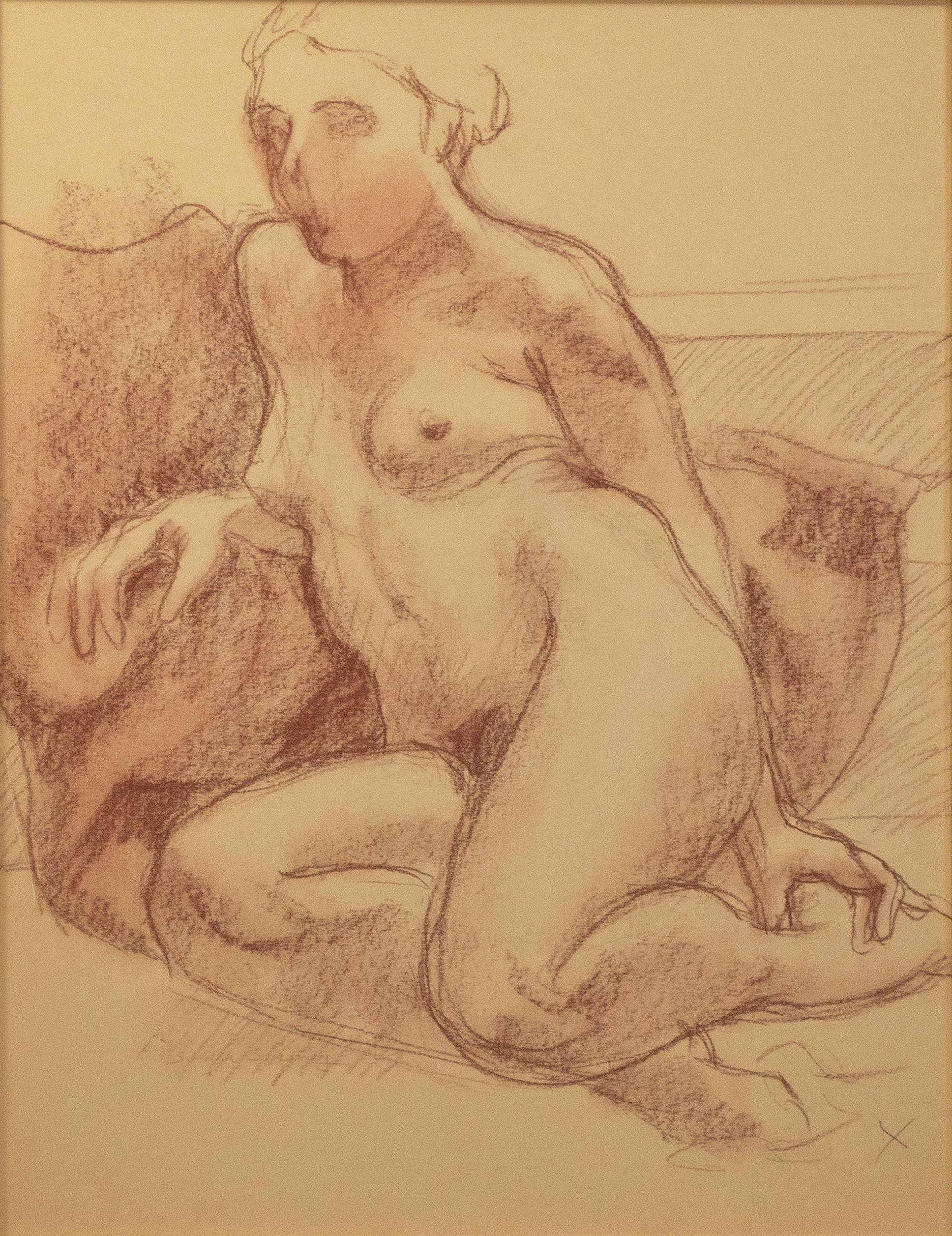 20th century female artist nude woman figure drawing conte small sketch  - Art by Sandra Sweeney