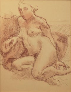 20th century female artist nude woman figure drawing conte small sketch
