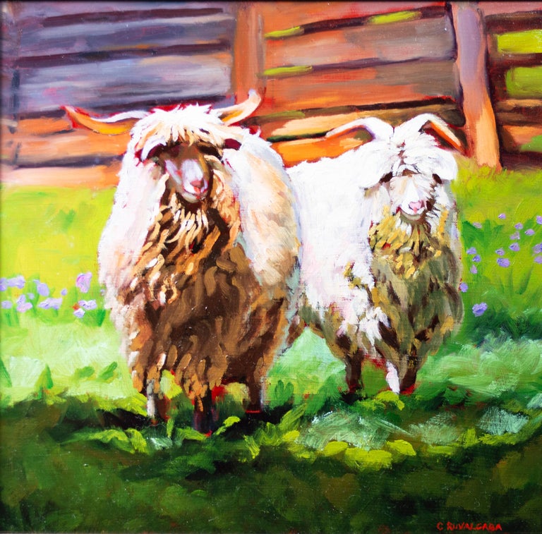 "Miles & Sheba" is an original oil painting by the artist Cathryn Ruvalcaba. It depicts two wooly goats in a green, flower-laden pasture with a wooden fence beyond. Cathryn paints in the Russian Impressionistic style of vivid colors and intense