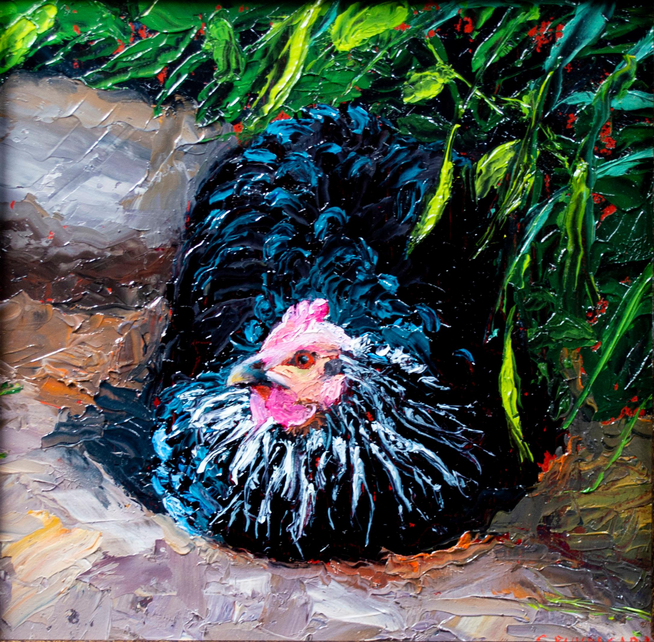 "Nesting" is an original oil painting by Cathryn Ruvalcaba. Here, she depicts a chicken nesting in a shady spot among rocks and dirt, with green shoots of grass covering the bird overhead. Cathryn paints in the Russian Impressionistic style with