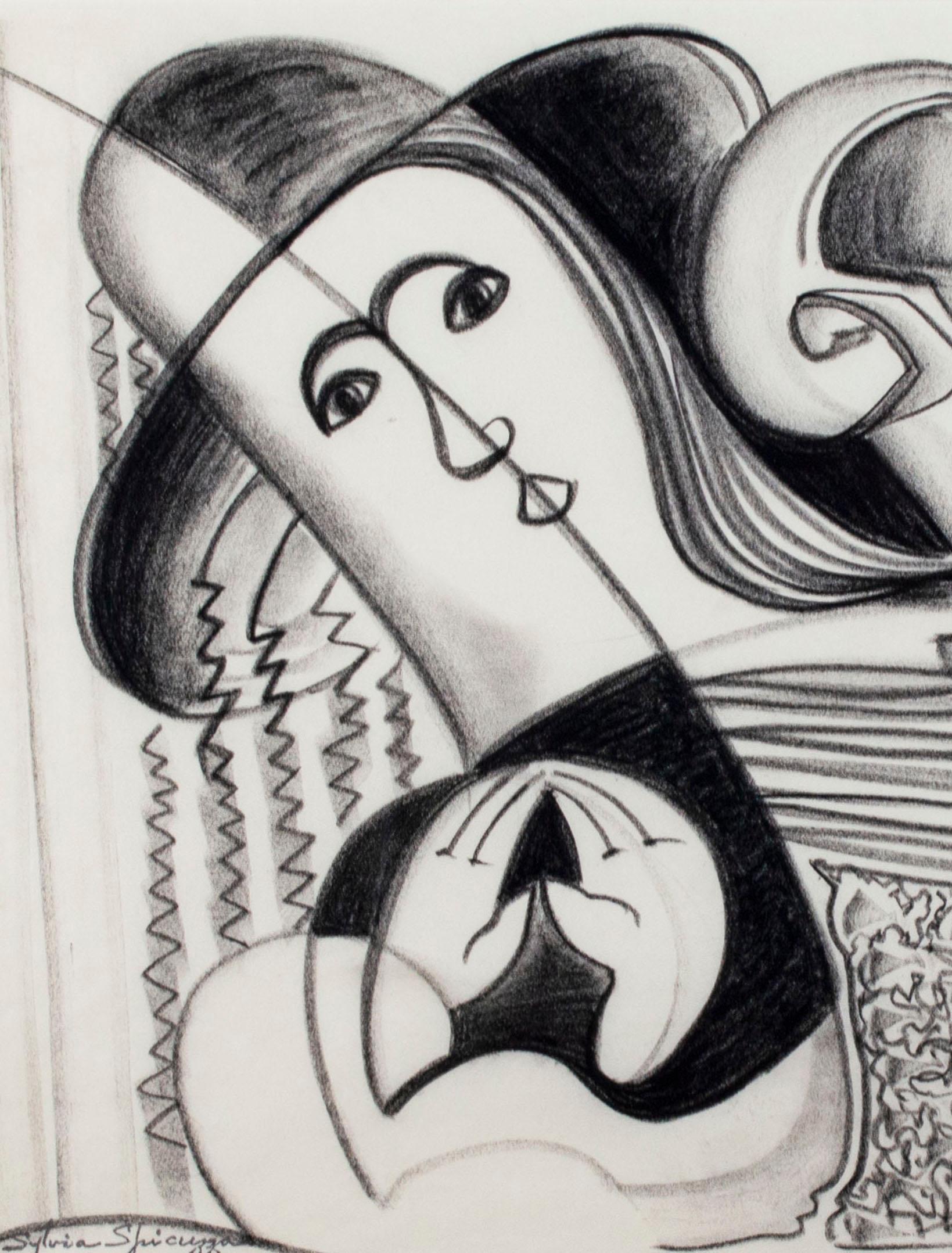 The present work, drawn with black Conté crayon on a calendar sheet, Sylvia Spicuzza presents the viewer with a rhythmic vision. The scene is dominated by the figure of a woman in a large hat on the left, the linear construction of her face indebted