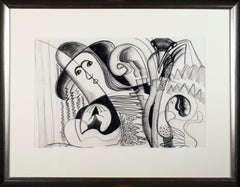 « Figure abstraite avec oiseau », dessin conte cubiste original de Sylvia Spicuzza