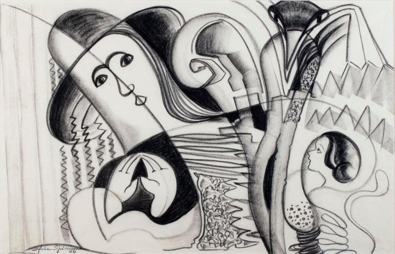 The present work, drawn with black Conté crayon on a calendar sheet, Sylvia Spicuzza presents the viewer with a rhythmic vision. The scene is dominated by the figure of a woman in a large hat on the left, the linear construction of her face indebted
