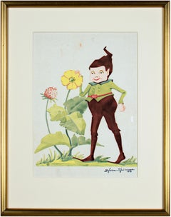 "Billy the Brownie With Flowers #407" original tempera by Sylvia Spicuzza