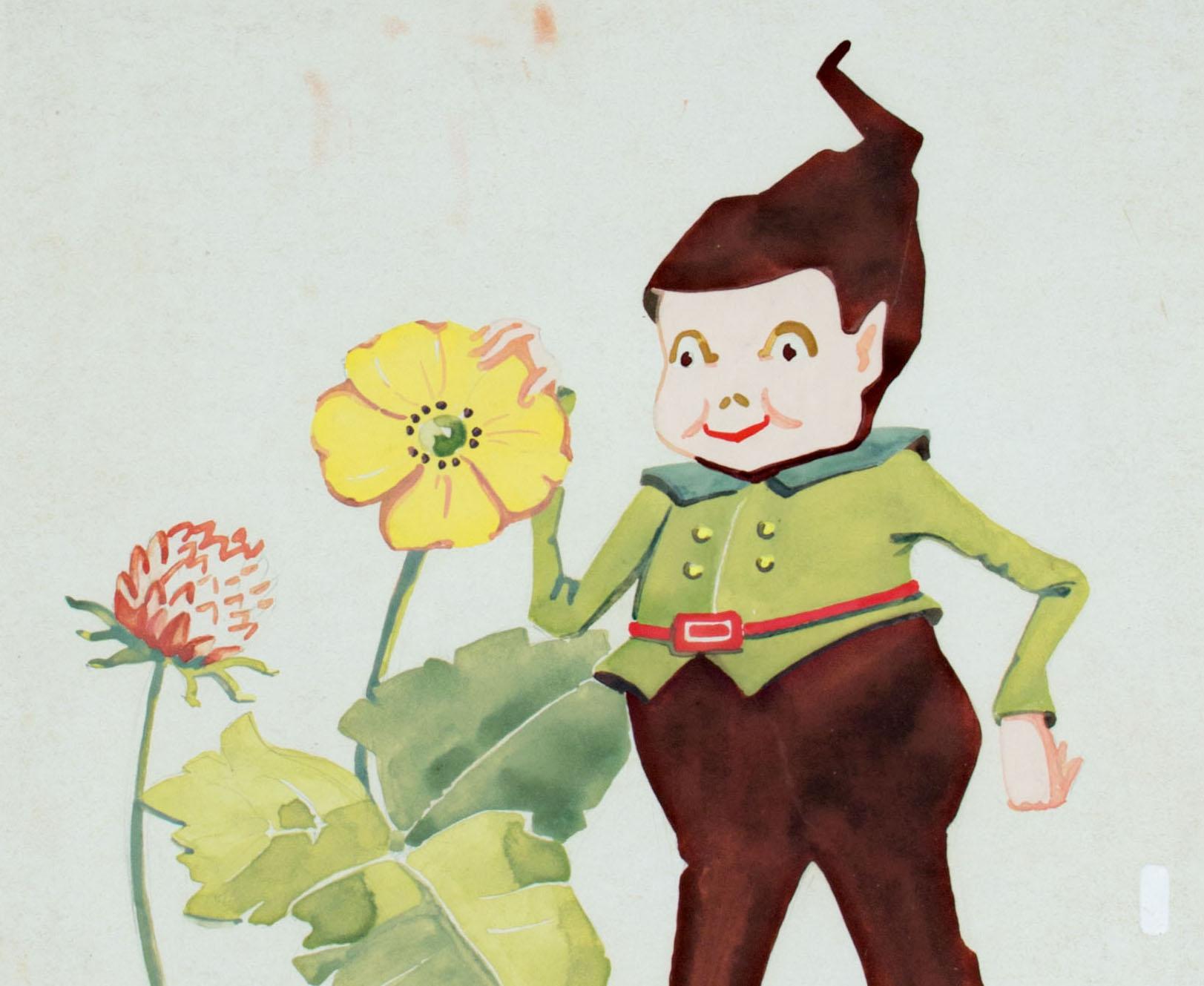 In this painting, Sylvia Spicuzza demonstrates her skill as an illustration artist, representing the Milwaukee character Billie the Brownie with a pair of flowers. An illustration like this could grace the pages of a children's book or illustrated