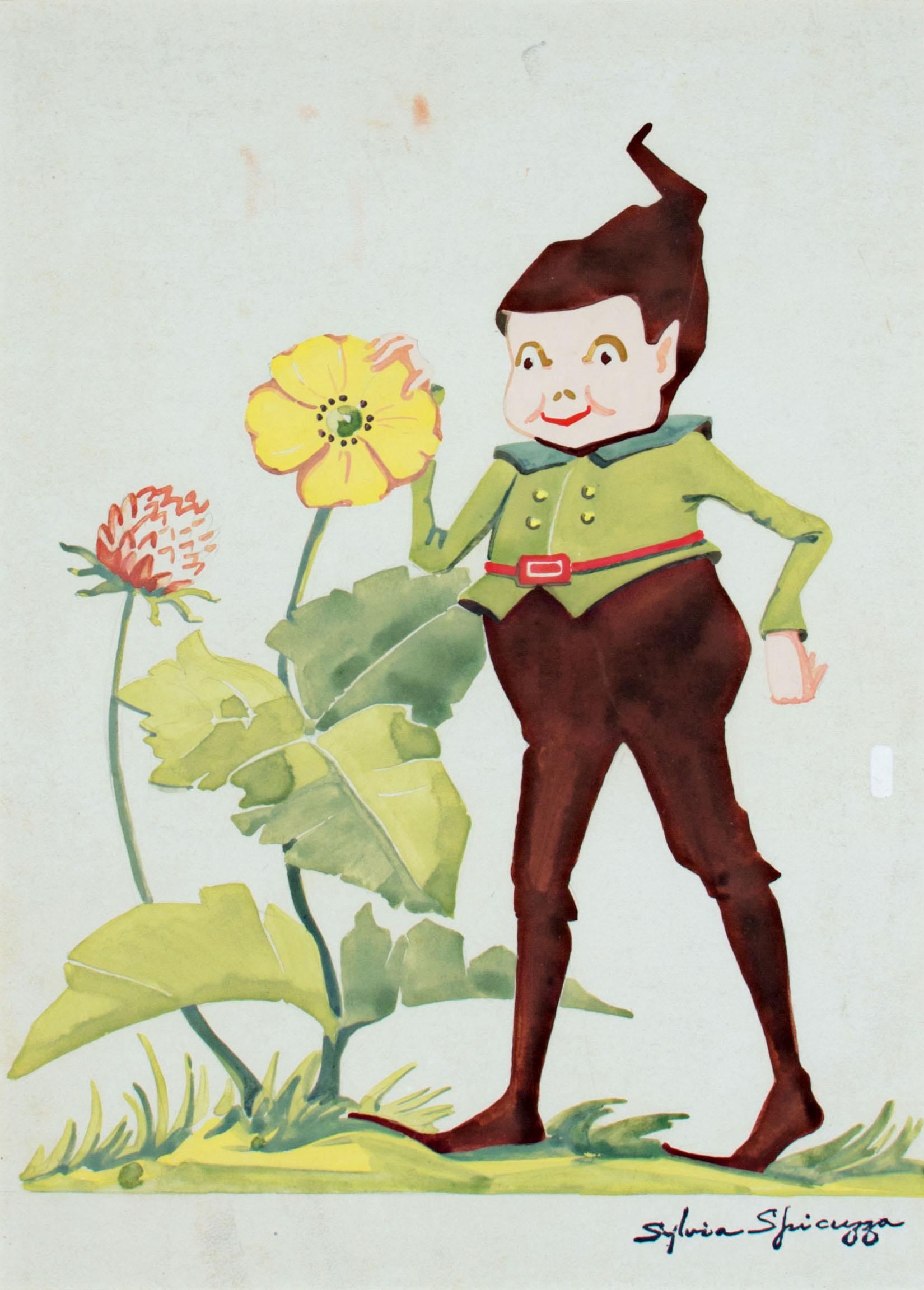Auf diesem Bild zeigt Sylvia Spicuzza ihr Können als Illustratorin, indem sie die Milwaukee-Figur Billie the Brownie mit einem Paar Blumen darstellt. Eine Illustration wie diese könnte die Seiten eines Kinderbuchs oder einer illustrierten