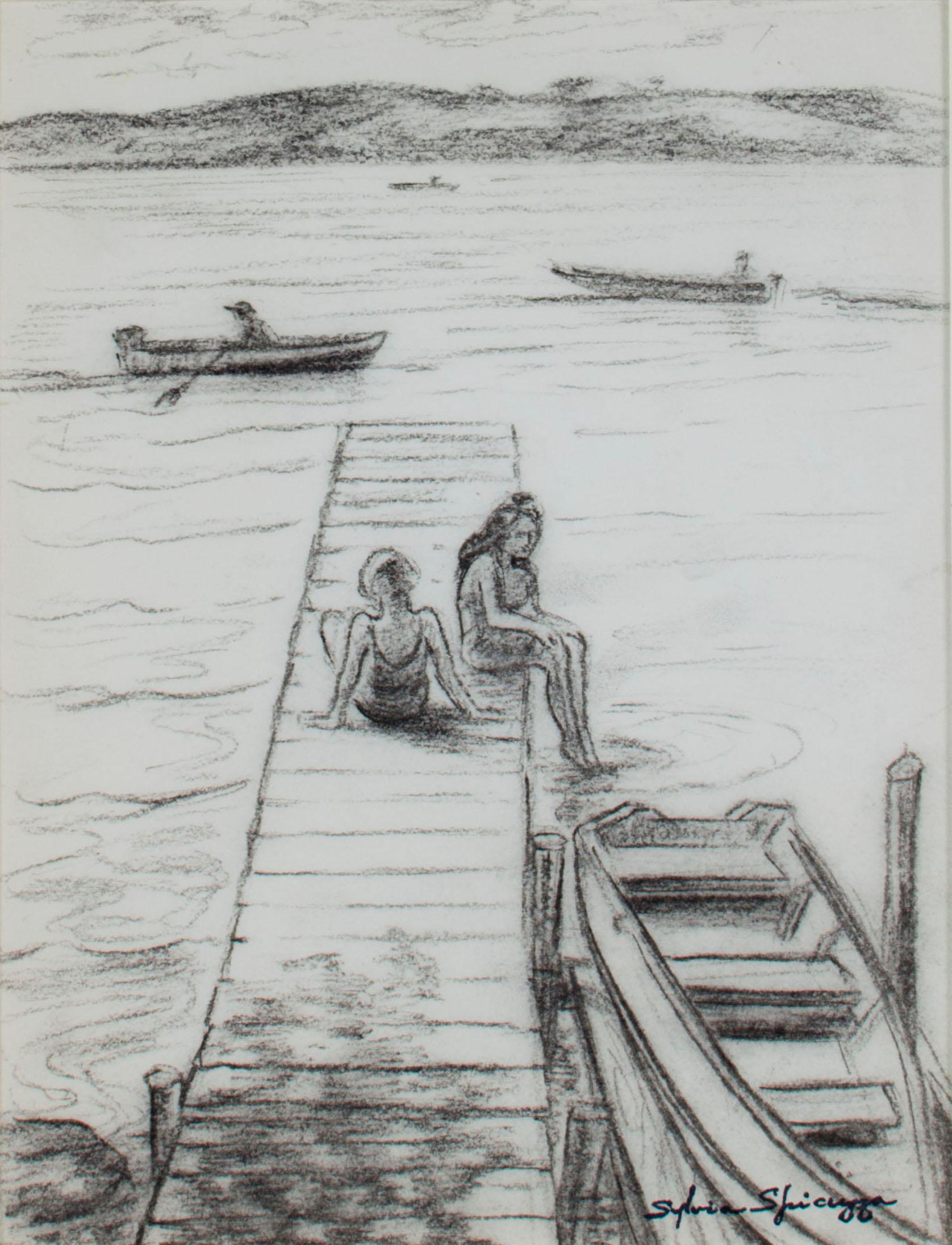 "Summertime Fun at Big Cedar Lake" original charcoal drawing by Sylvia Spicuzza