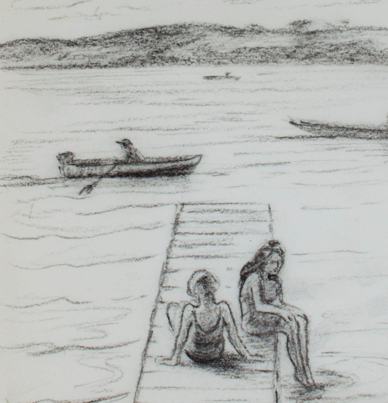 In this drawing, Sylvia Spicuzza presents the viewer with a scene of two young women relaxing on a dock in a lake. A dinghy floats beside them as other boats traverse the water. This drawing is reminiscent of the work done by her father Francesco,