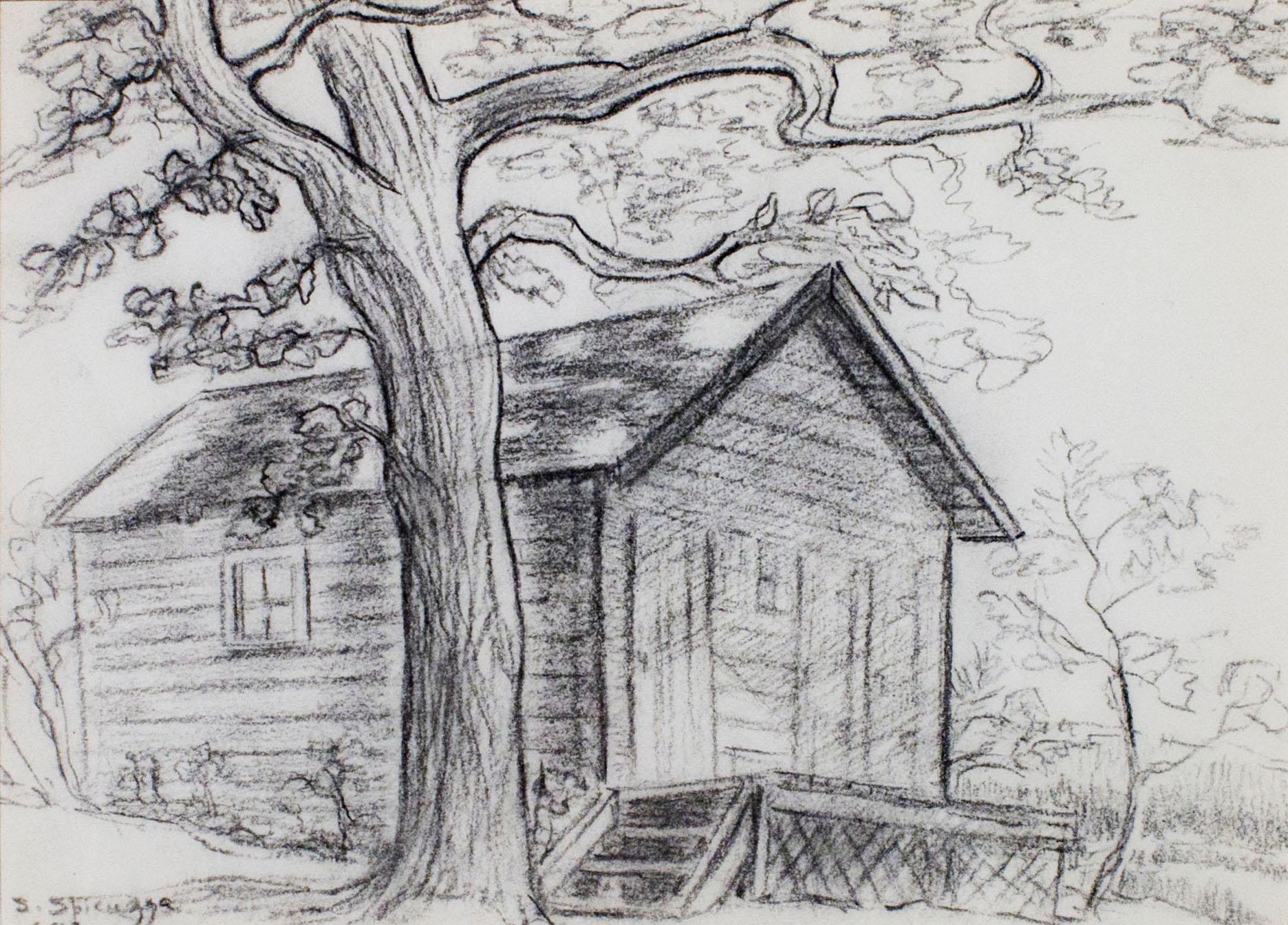 Original-Zeichnung ""Old Cabin Near Big Cedar Lake" aus Holz von Sylvia Spicuzza